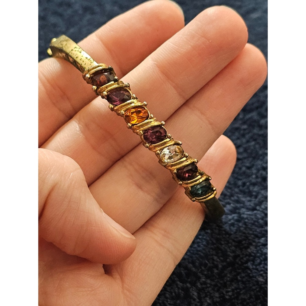 Vintage Multi Color Rhinestone Hinged Bangle Bracelet Gold Tone Oval Stones